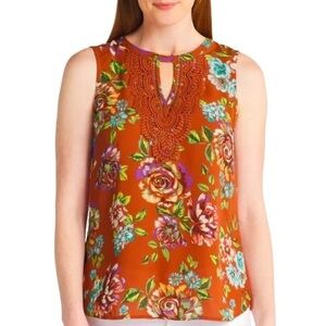 DANIEL RAINN Rust Orange Floral Tank Top- Beautiful Details on back - PSmall NWT